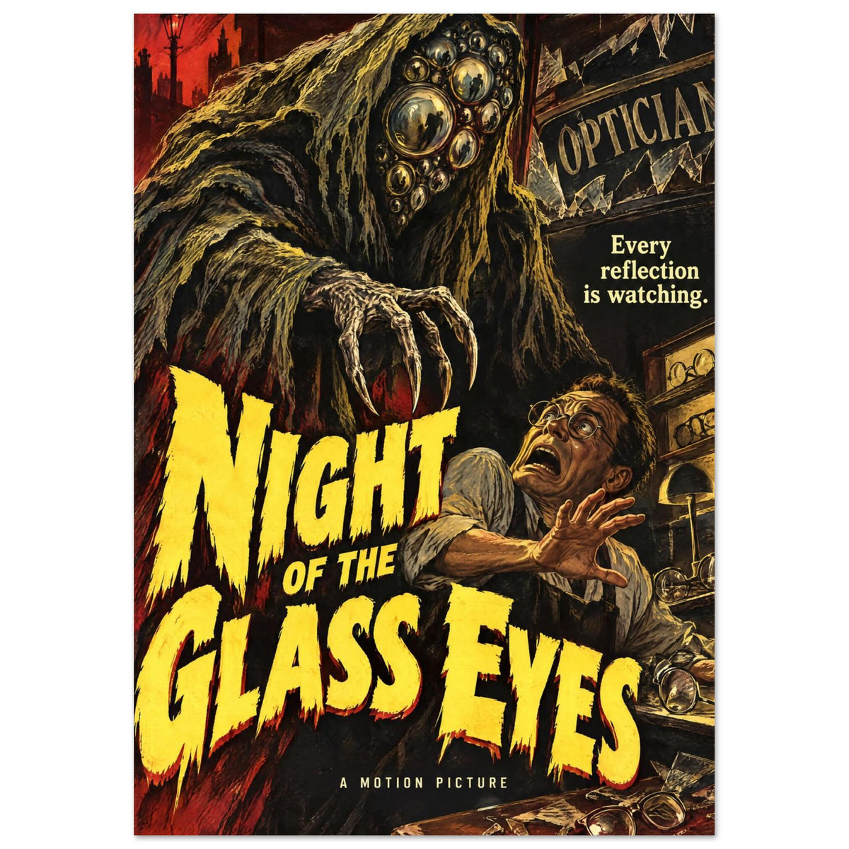 Hooded monster with glass eyes menaces a frightened man beneath yellow ‘Night of the Glass Eyes’ lettering.