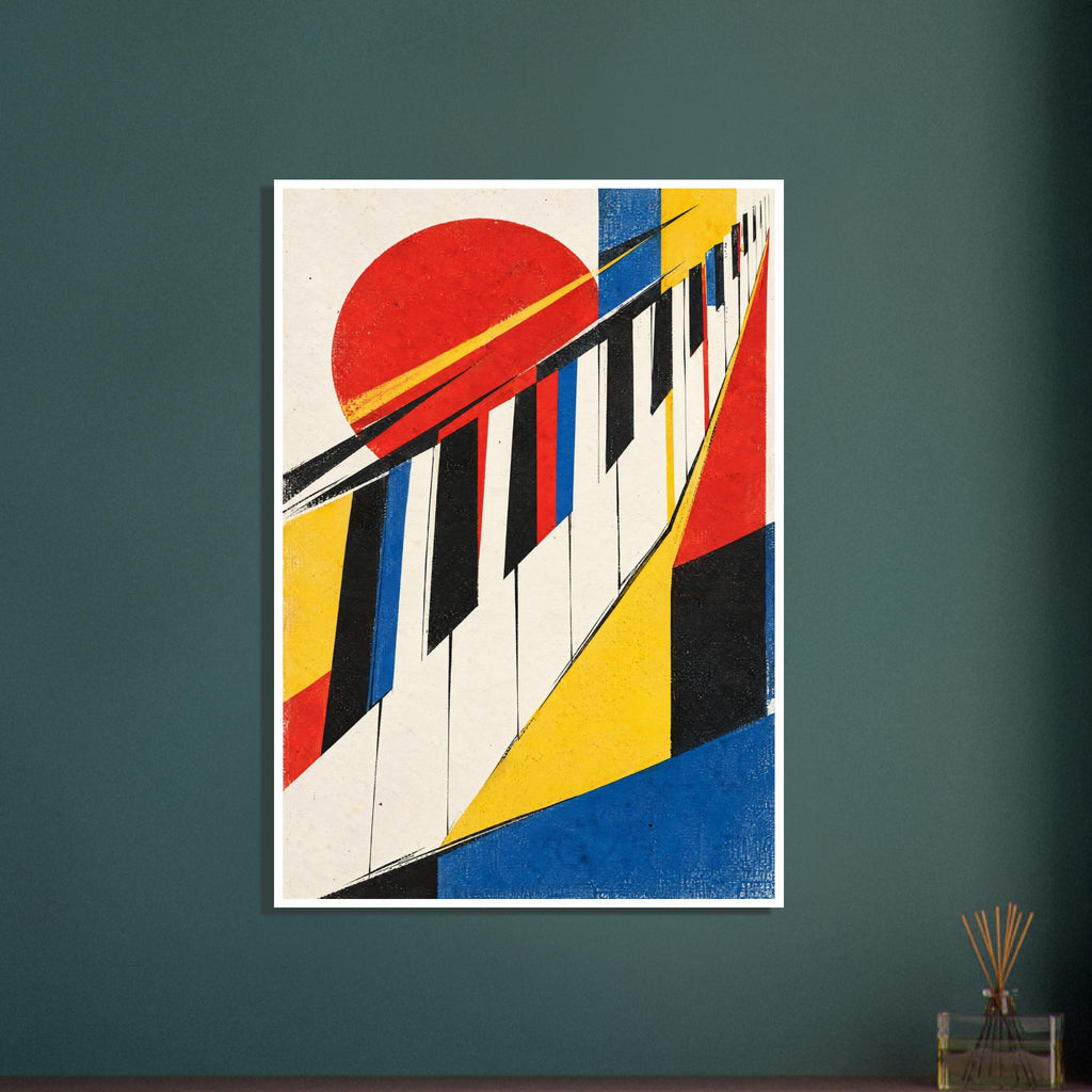 Piano keys sweep diagonally through red, yellow and blue geometric shapes, with a red circle and distressed cream background.
