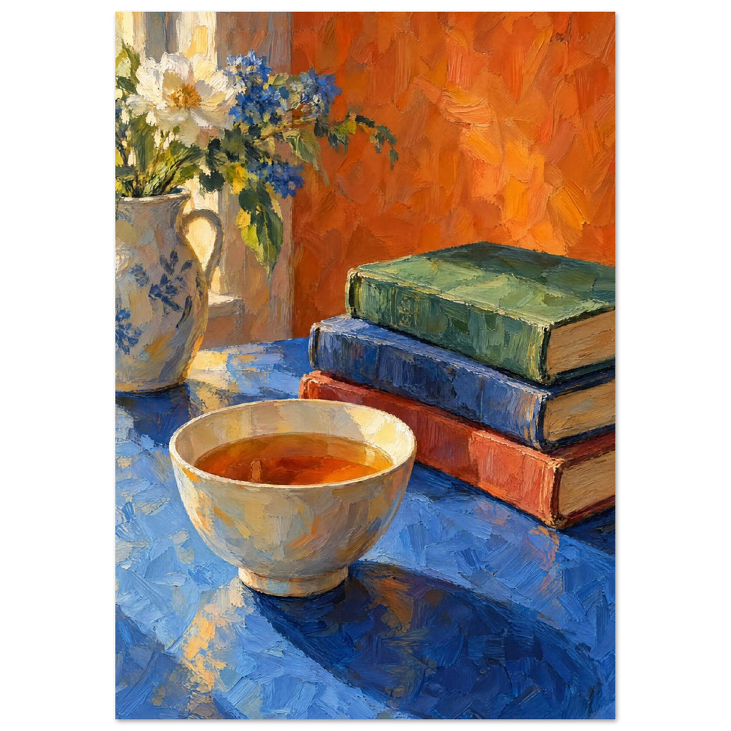 Bowl of tea beside stacked books and a jug of white and blue flowers on a blue table against an orange background.