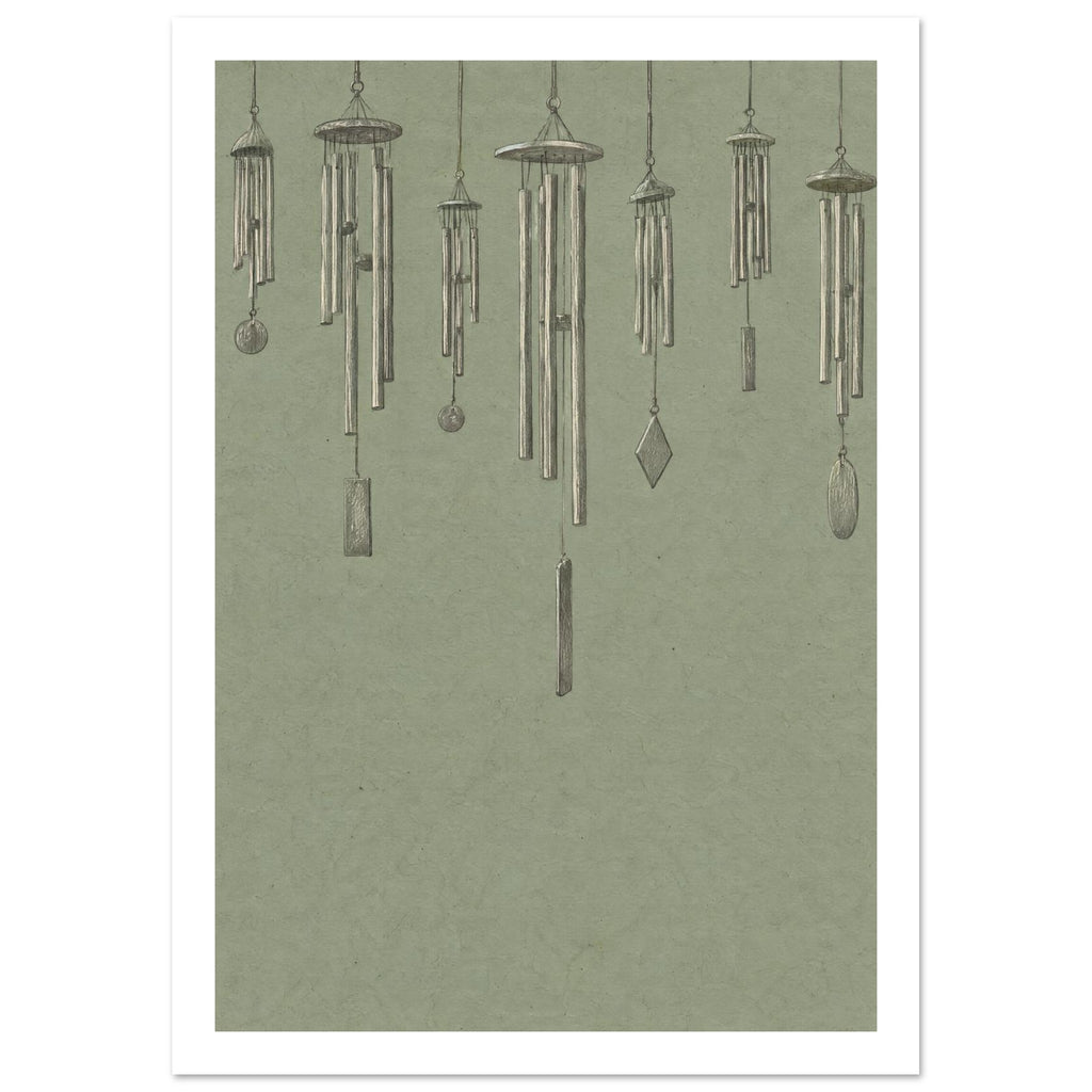 Seven finely drawn wind chimes hanging at varied heights against a textured sage green background.