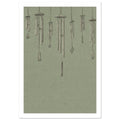 Seven finely drawn wind chimes hanging at varied heights against a textured sage green background.