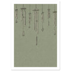 Seven finely drawn wind chimes hanging at varied heights against a textured sage green background.