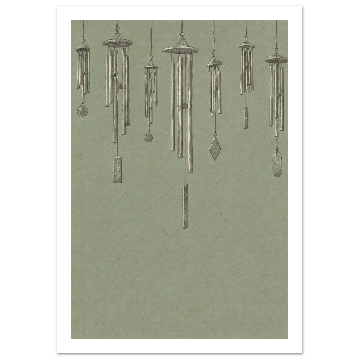 Seven finely drawn wind chimes hanging at varied heights against a textured sage green background.