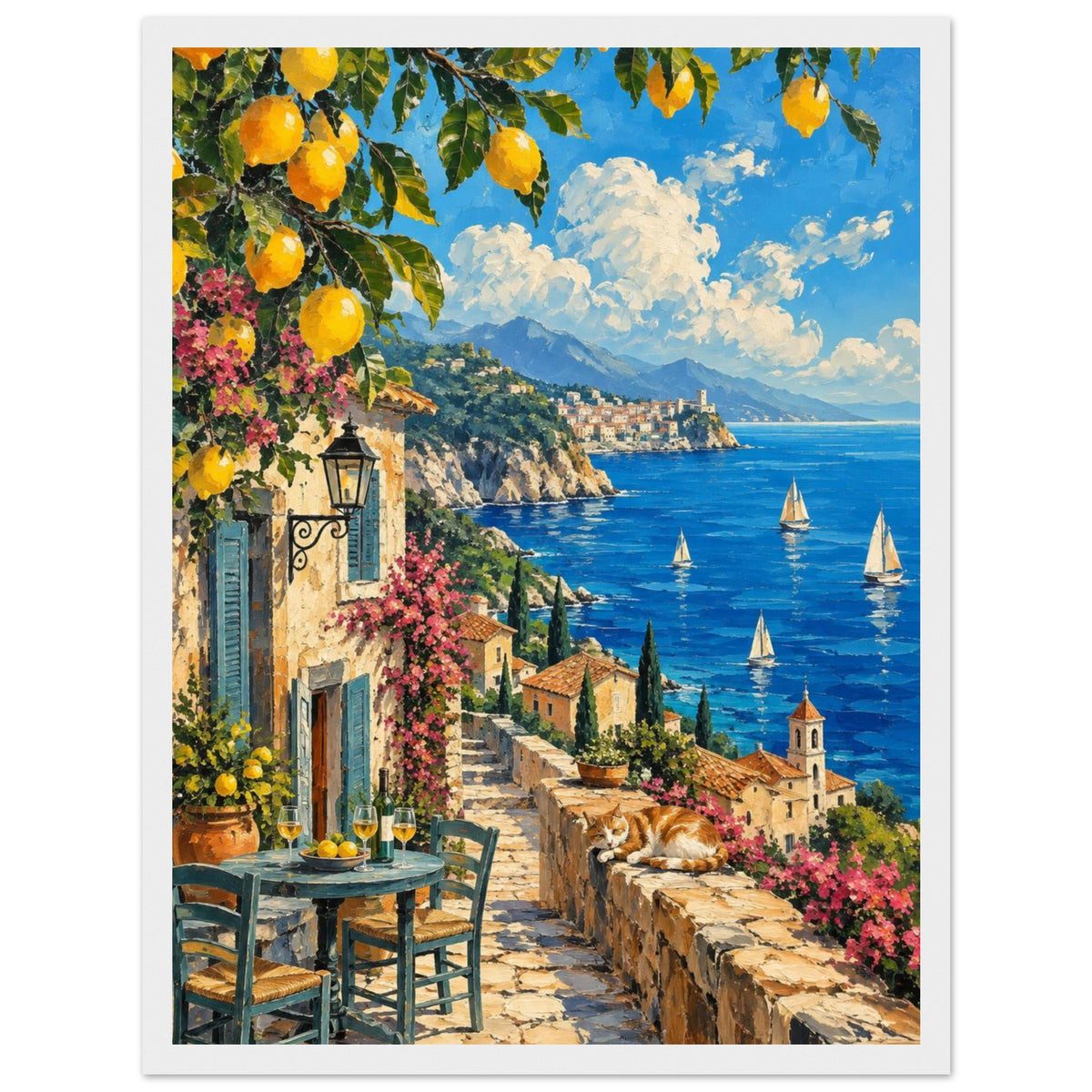 Lemon branches above a seaside terrace with a table, chairs and resting cat, overlooking sailboats and a coastal village.