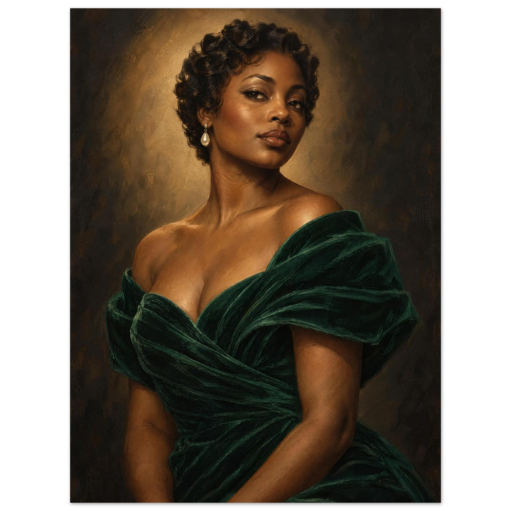 The Velvet Spotlight depicts a woman with short curls in an emerald gown beneath warm oval lighting against charcoal.