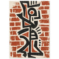Black abstract geometric forms over terracotta brick shapes on a cream background, with a rough, distressed texture.
