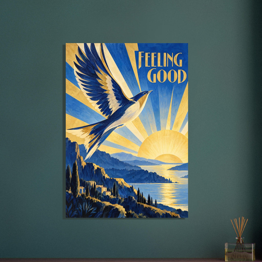 Blue and cream bird flying over a golden sun and rugged blue coastline, with radiating beams and “Feeling Good” lettering.