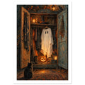 Open wooden cupboard with a ghost costume, witch’s hat, glowing pumpkin and lanterns, with a black cat sitting in front.