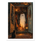 Open wooden cupboard with a ghost costume, witch’s hat, glowing pumpkin and lanterns, with a black cat sitting in front.