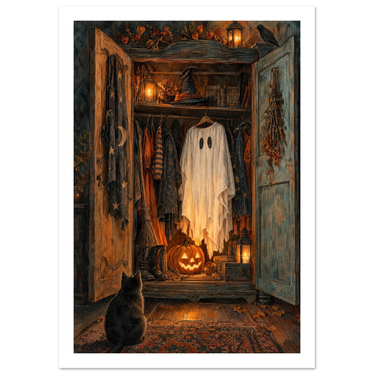 Open wooden cupboard with a ghost costume, witch’s hat, glowing pumpkin and lanterns, with a black cat sitting in front.
