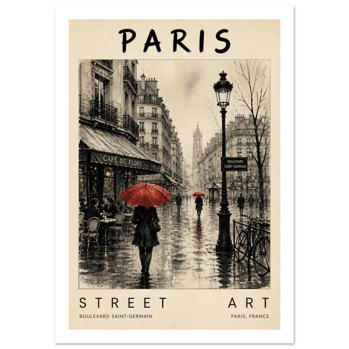 Paris Rainy Street Vintage Poster – White Border