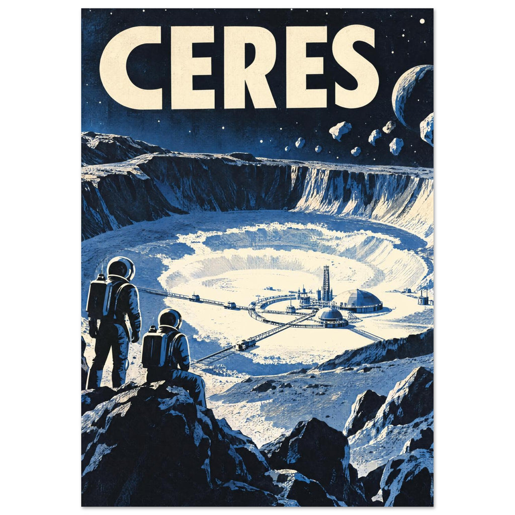 Two astronauts overlook a crater with domed buildings beneath large CERES lettering and a starry blue-black sky.