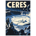 Two astronauts overlook a crater with domed buildings beneath large CERES lettering and a starry blue-black sky.