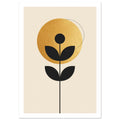 Black geometric flower with four leaves before a textured golden circle and thin looping line on a cream background.