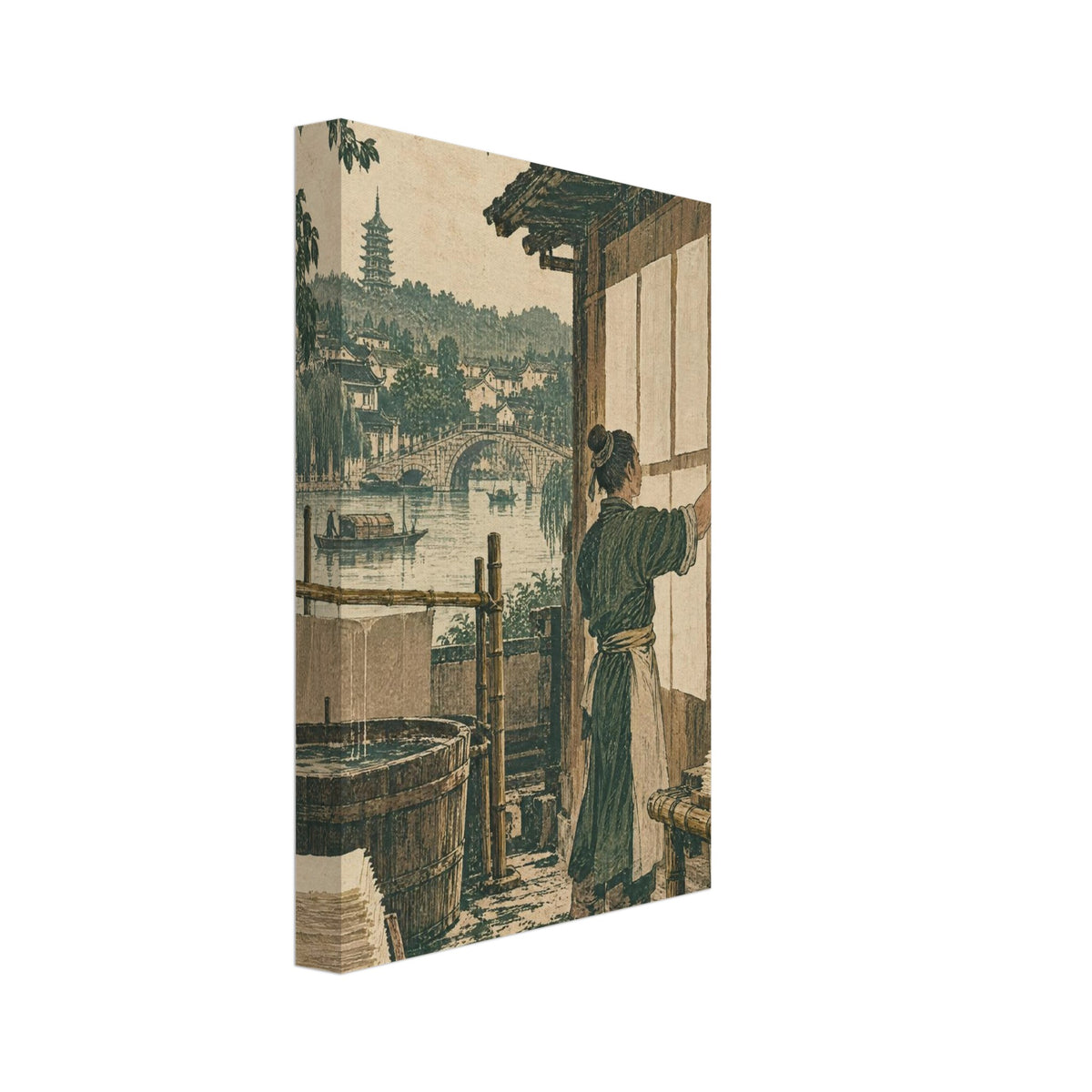 Paper-drying workshop with a figure brushing sheets on a wall, wooden tubs, boats, an arched bridge and a distant pagoda.