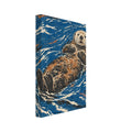 Sea otter floating on its back in blue water with cream ripples, rendered in textured brown and black lines.