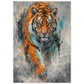 Tiger stepping forward with orange fur and black stripes, surrounded by turquoise paint splashes and drips on grey.