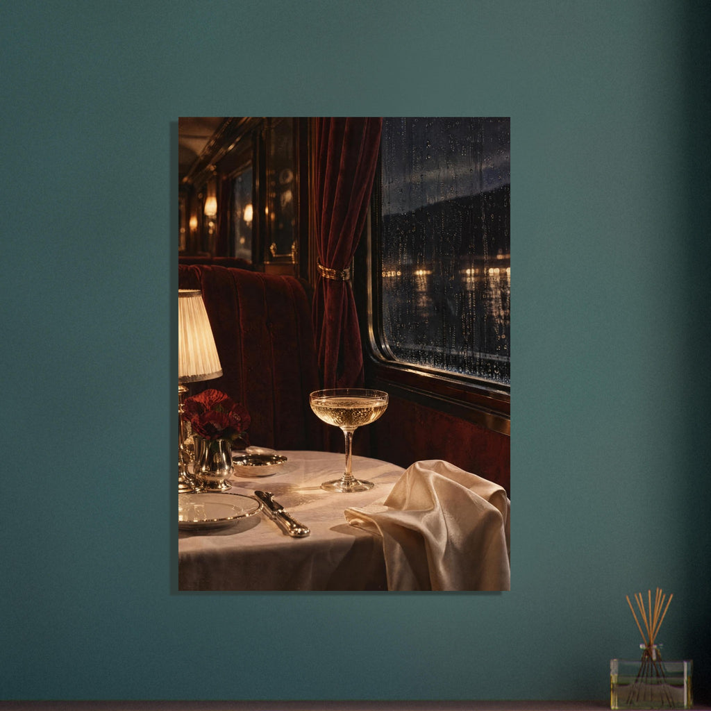 Train dining table with a coupe glass, glowing lamp and cream linen beside burgundy seating and a rain-streaked window.