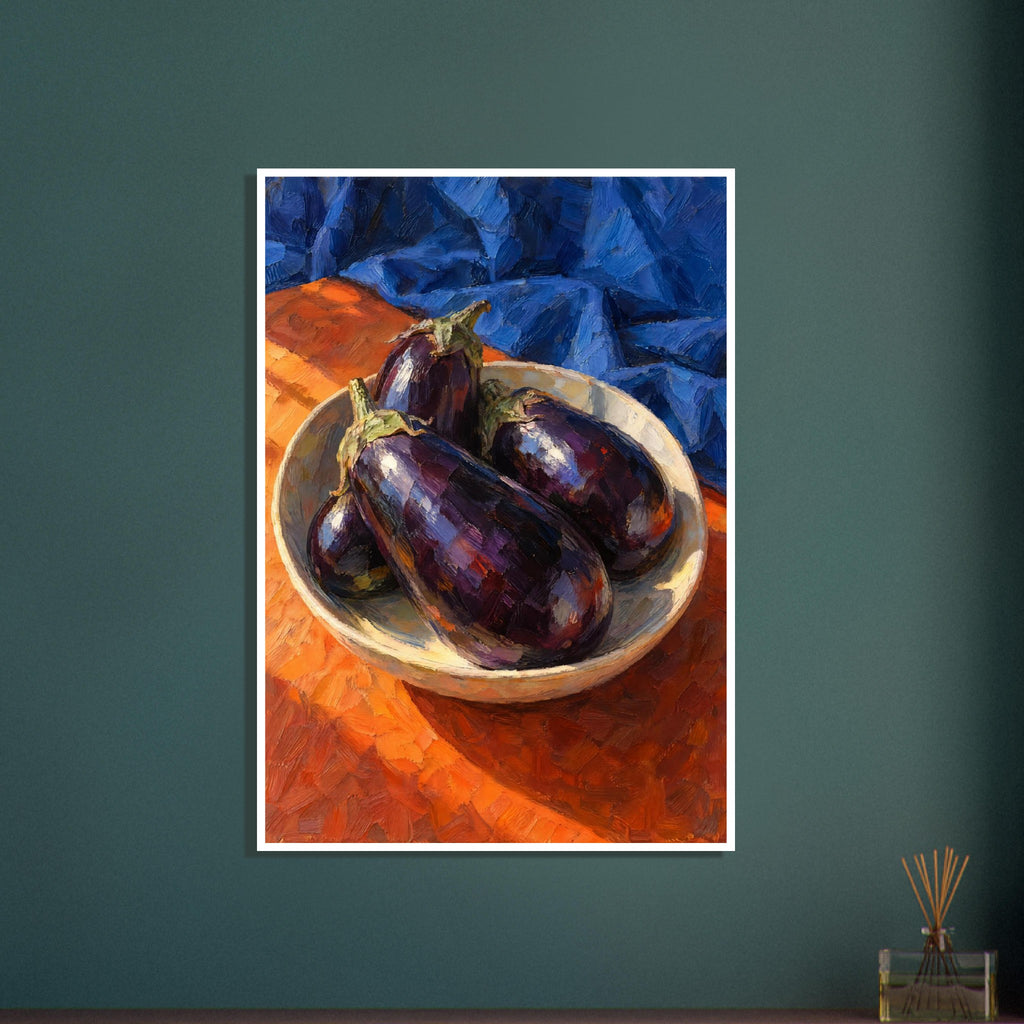 Purple aubergines in a shallow cream bowl on an orange surface, with folded blue fabric and bold visible brushstrokes.