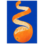 Partly peeled orange with a long spiral of orange rind and cream pith against a vivid cobalt-blue background.