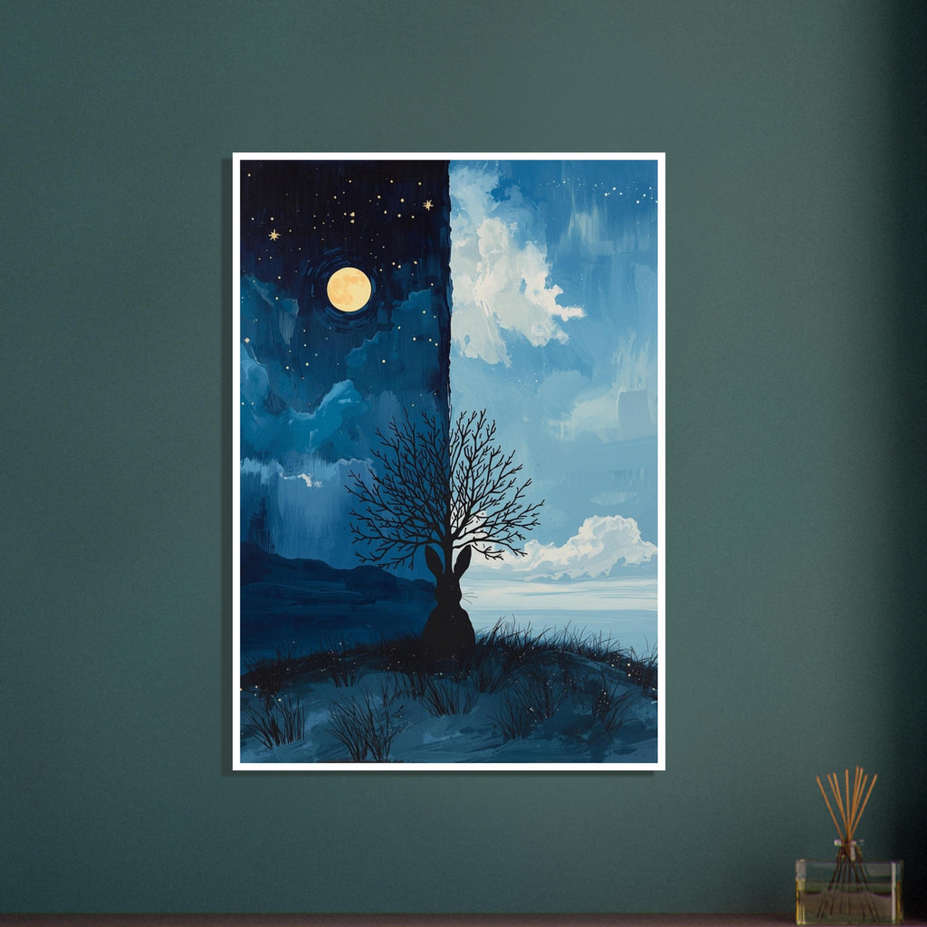 Hare silhouette beneath a bare tree against a split sky, with moon and stars on the left and blue daylight on the right.