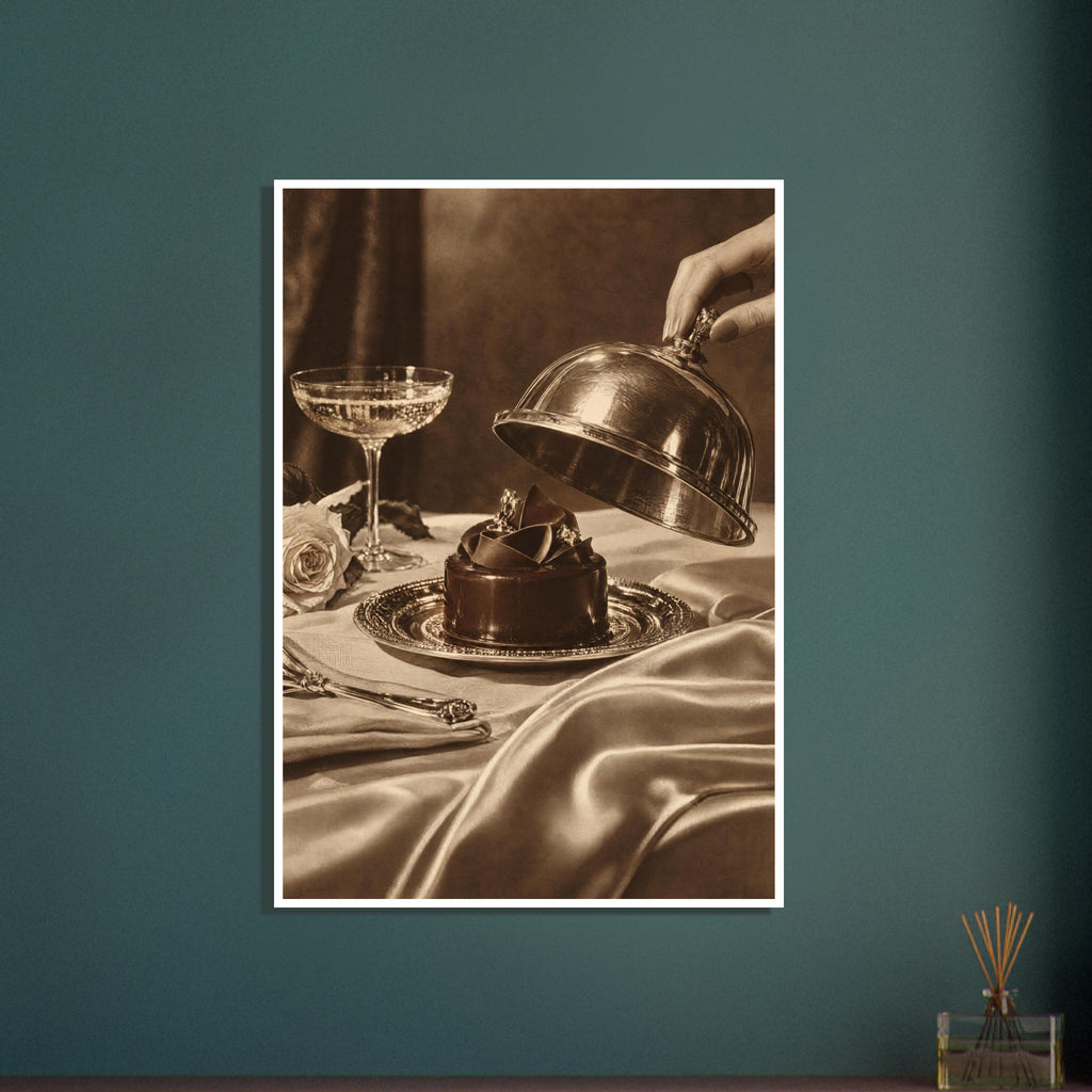Chocolate cake on an ornate plate beneath a hand lifting a cloche, with a glass, rose and draped fabric in sepia tones.