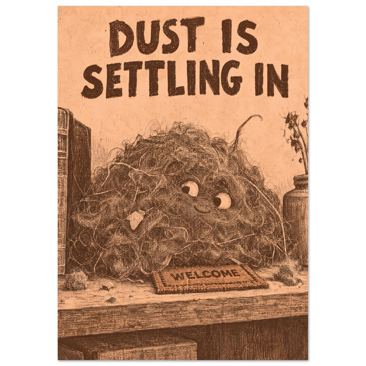 Smiling dust creature beside books and dried stems, with a tiny welcome mat and ‘Dust Is Settling In’ text above.