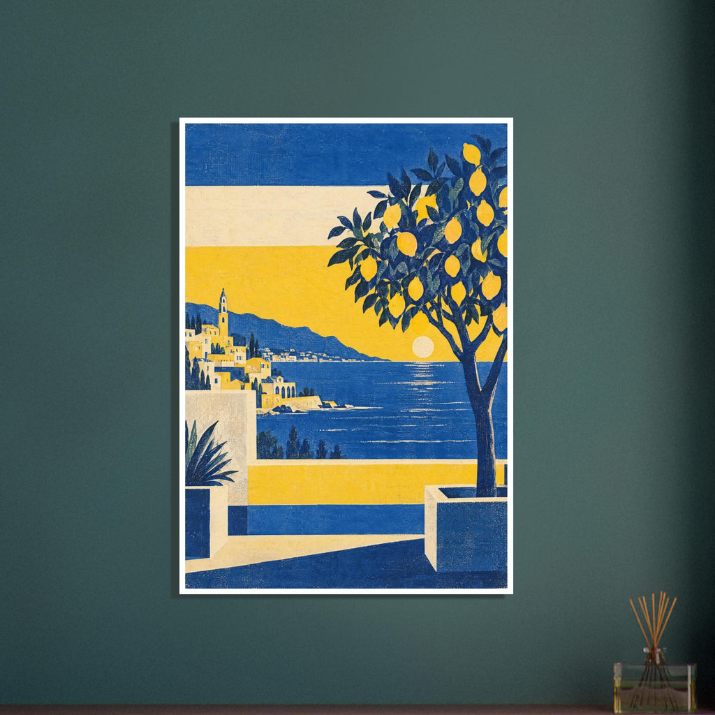 Lemon tree in a terrace planter overlooking a blue sea, hillside village and low sun, rendered in yellow, blue and cream.