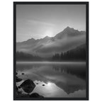Mountain peaks and conifer forests reflected in a misty lake, with rocks in the foreground, in black and white.