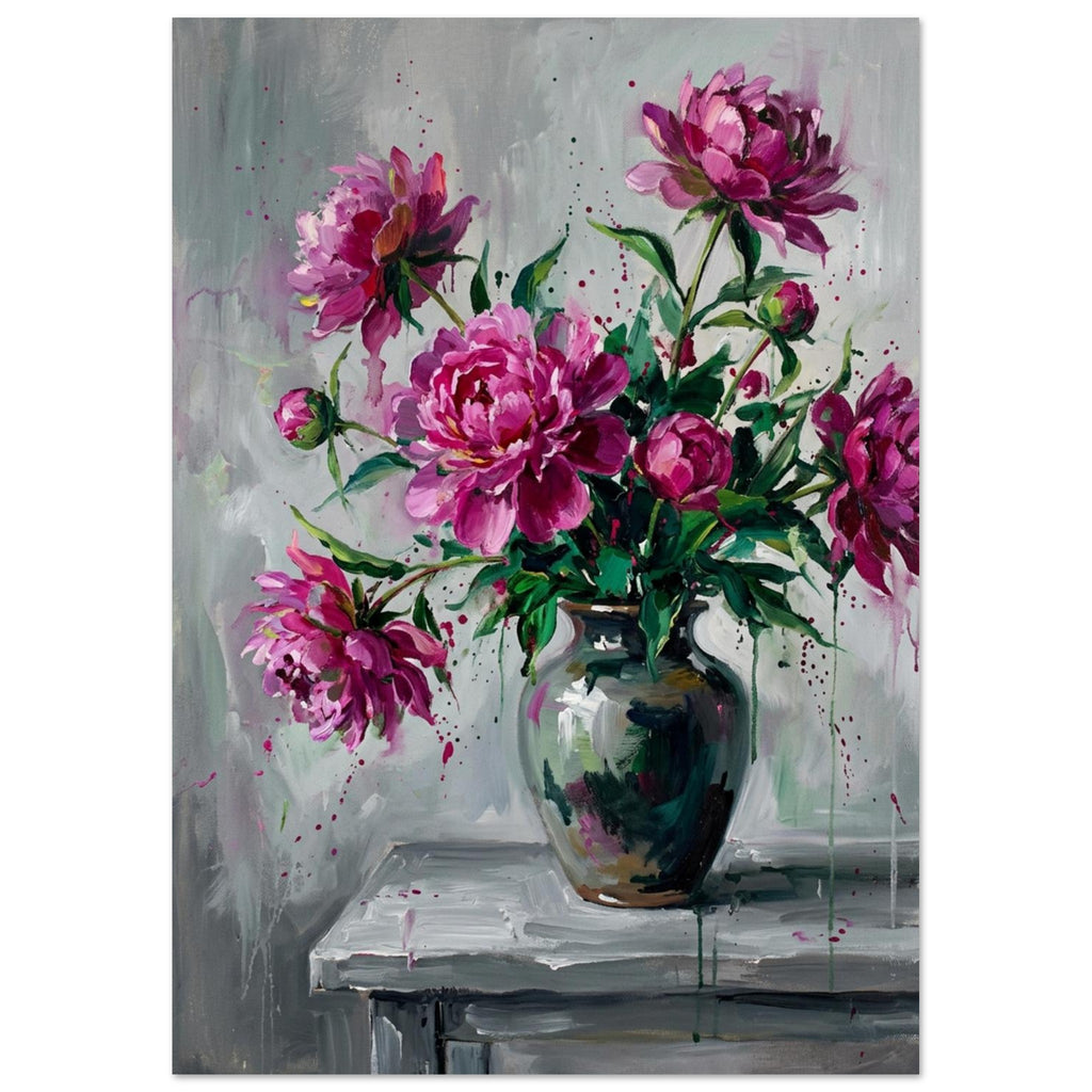 Pink peonies and green leaves in a dark reflective vase on a grey table, painted with loose brushstrokes and drips.