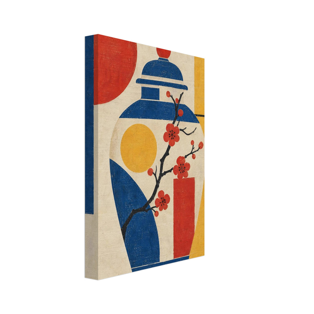 Lidded blue and cream jar with red blossoms against a textured geometric background of red, yellow, blue and cream.