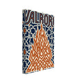 Angular orange bonfire beneath VALBORG lettering, surrounded by cream geometric lines and star shapes on navy.