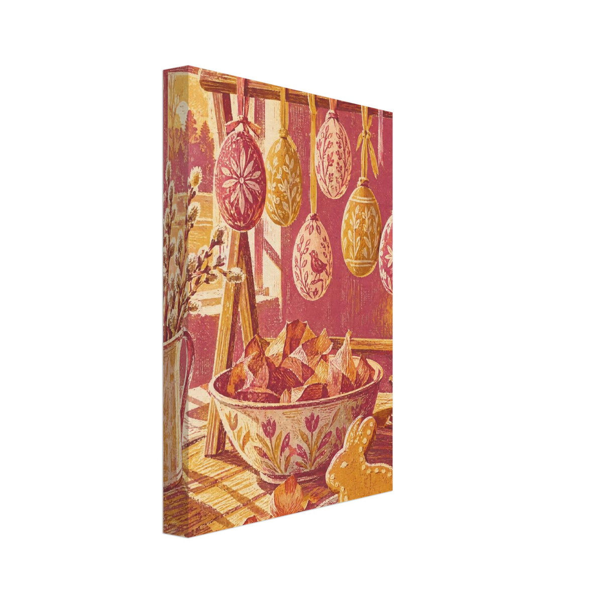 Six decorated Easter eggs hang from a wooden rack above a bowl, budding branches, candle and rabbit-shaped biscuit.