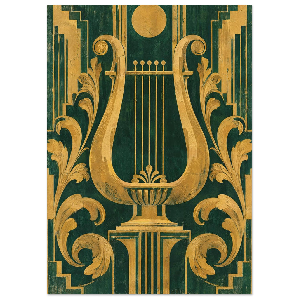 Gold-coloured lyre with curling foliage, geometric borders and a circle above, on a textured dark green background.