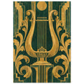 Gold-coloured lyre with curling foliage, geometric borders and a circle above, on a textured dark green background.