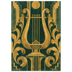 Gold-coloured lyre with curling foliage, geometric borders and a circle above, on a textured dark green background.