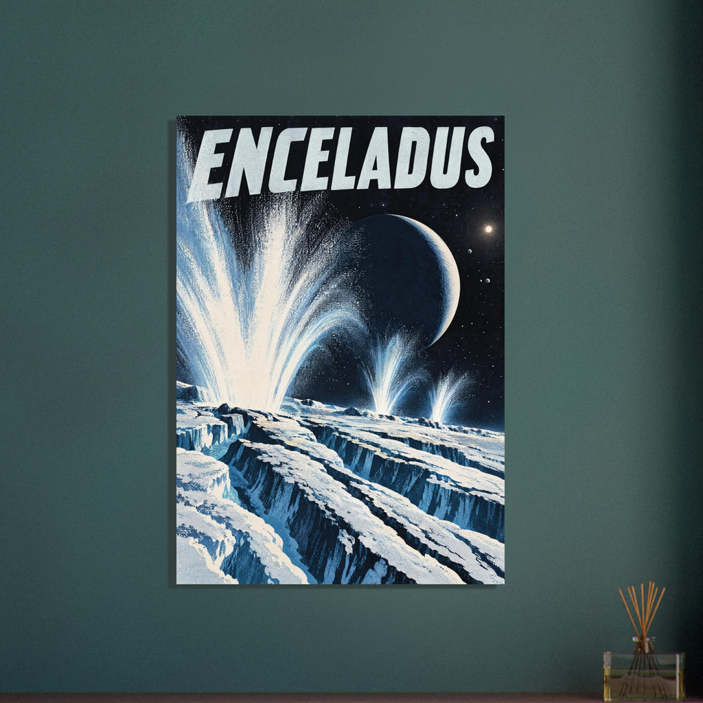 Enceladus lettering over an icy turquoise landscape with towering plumes, a ringed planet and stars in a black sky.