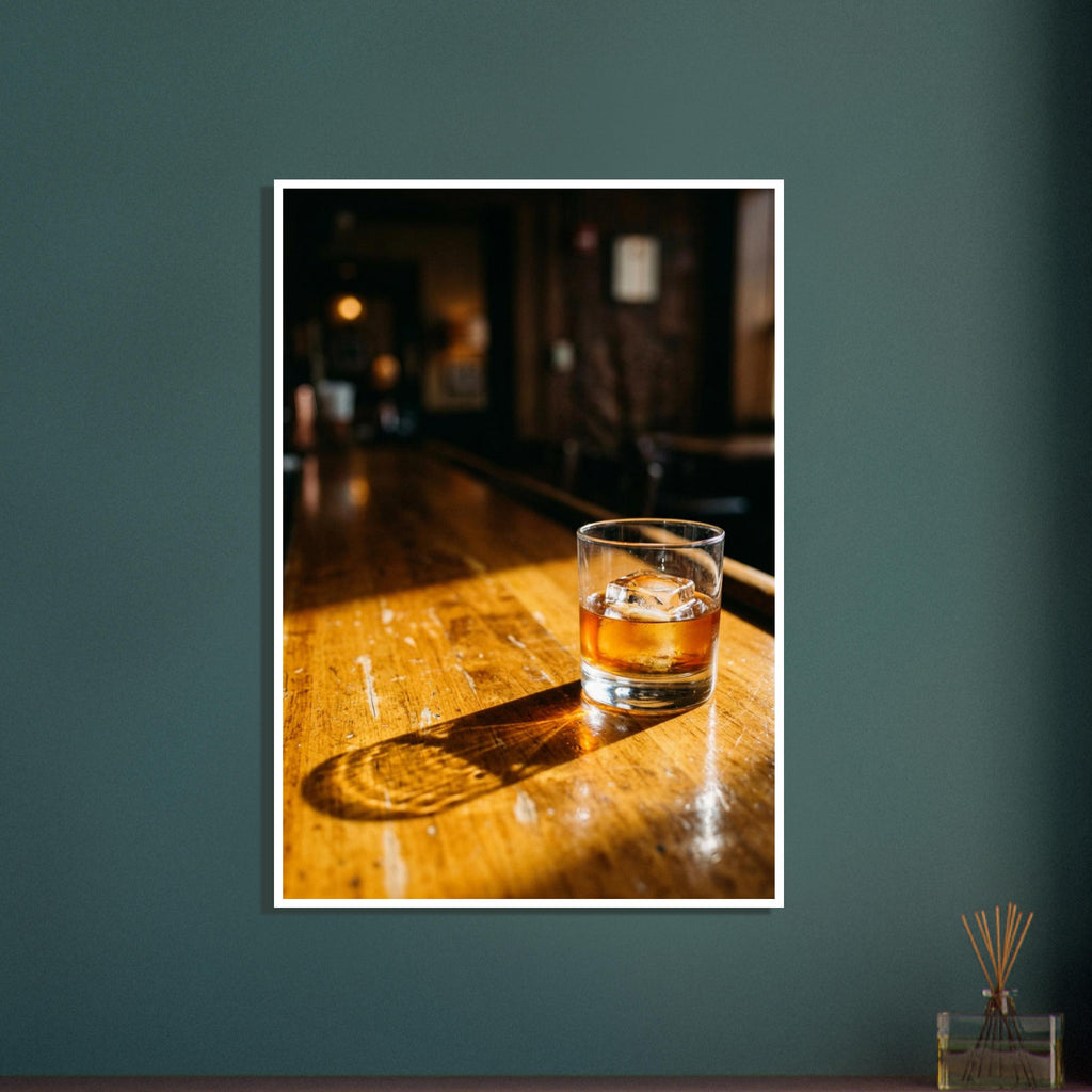 Tumbler of amber drink with ice on a sunlit wooden bar, casting a long shadow against a dark, blurred interior.