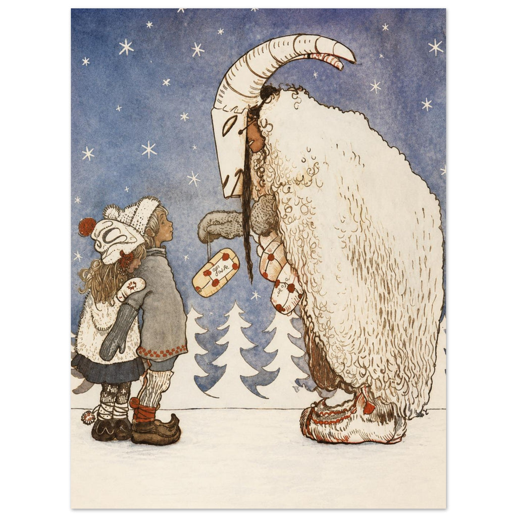 Two children face a figure in a horned goat mask and shaggy cream cloak beneath stars, with parcels and snowy fir trees.