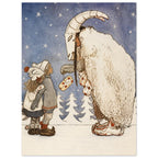 Two children face a figure in a horned goat mask and shaggy cream cloak beneath stars, with parcels and snowy fir trees.