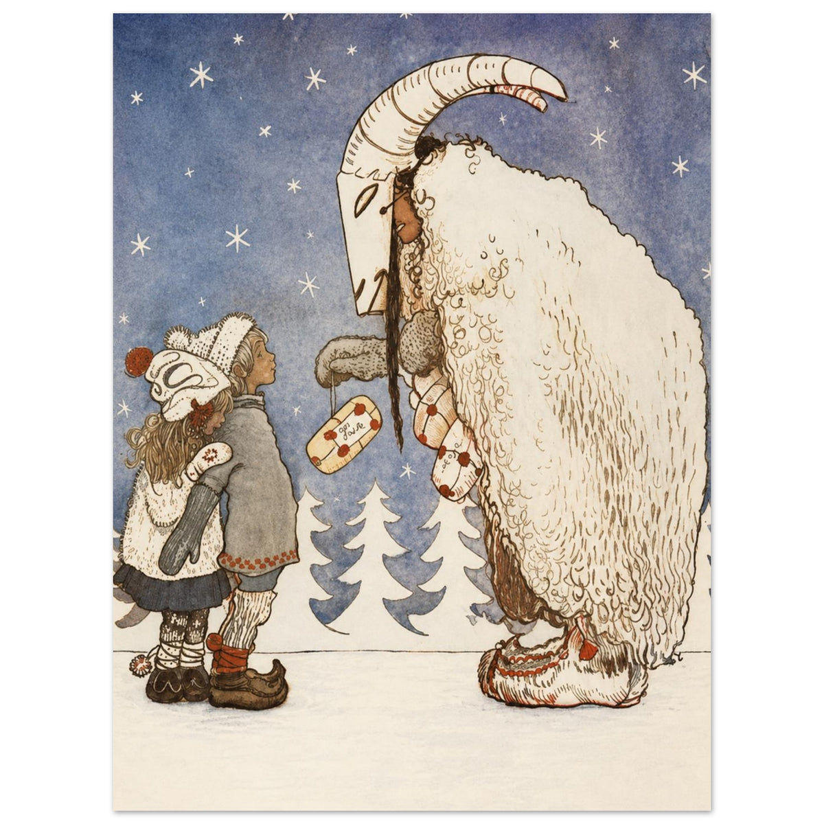 Two children face a figure in a horned goat mask and shaggy cream cloak beneath stars, with parcels and snowy fir trees.