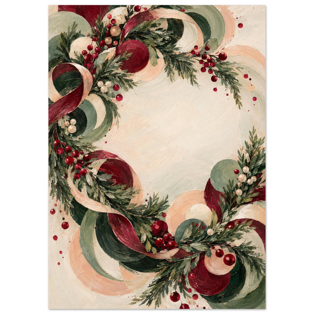 Christmas Eve Wreath in Motion shows an off-centre ring of fir, berries and looping ribbon in sage, burgundy, peach and ivory