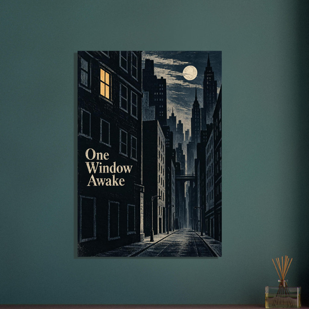 Moonlit city street with tall dark buildings, one golden window and cream text reading ‘One Window Awake’.