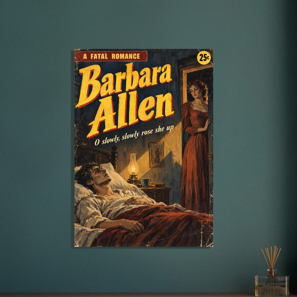 Barbara Allen cover with yellow lettering, a woman in a red dress and a man lying in bed beside a glowing lamp.