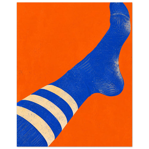 Blue sock with three cream stripes stretching diagonally across an orange background, with a distressed texture.