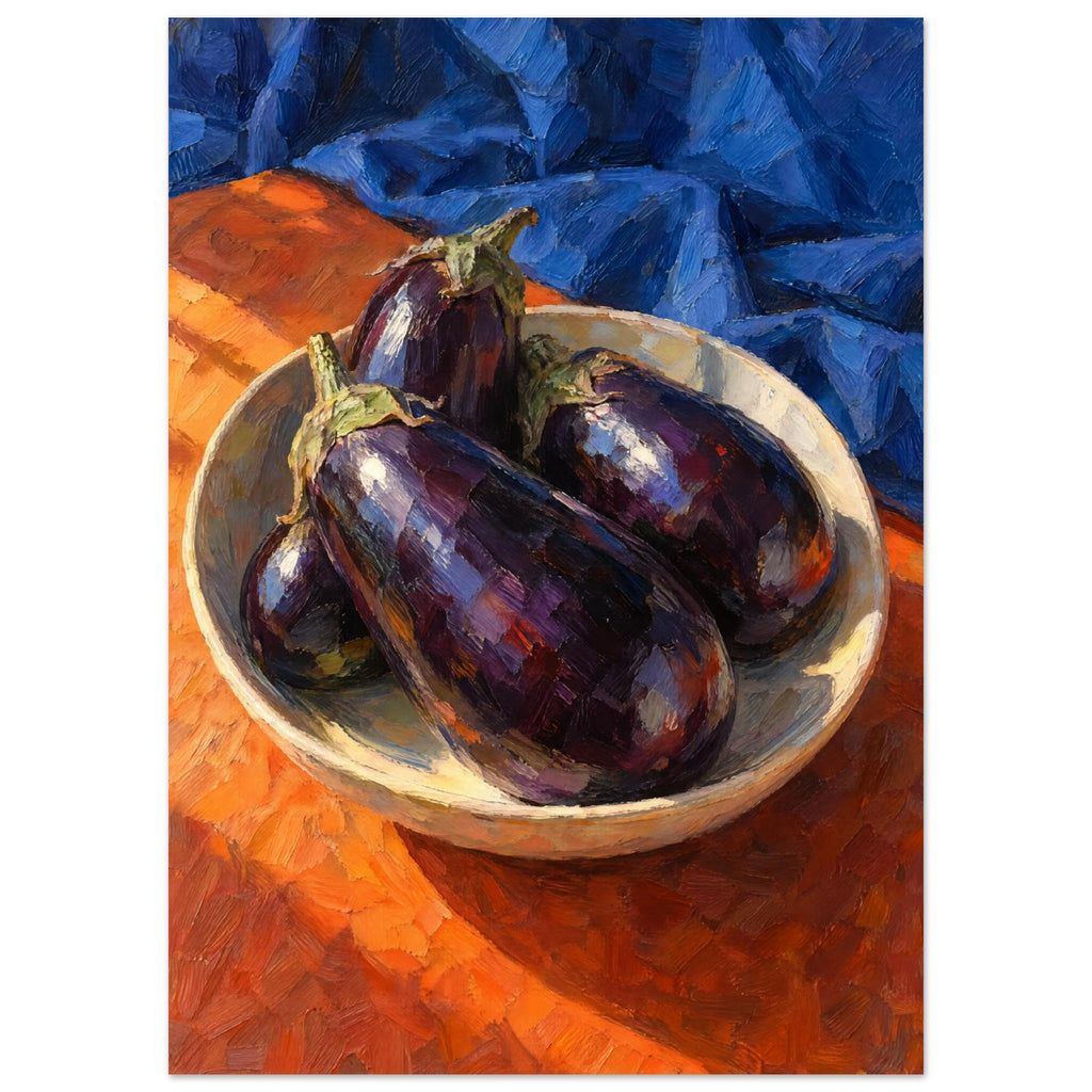 Purple aubergines in a shallow cream bowl on an orange surface, with folded blue fabric and bold visible brushstrokes.