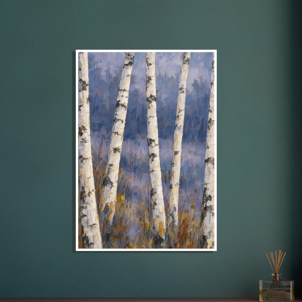 Pale birch trunks with dark bark markings against a painterly blue and lavender background, with ochre grasses below.
