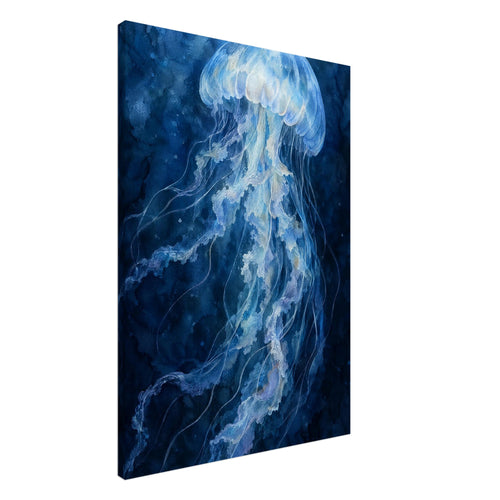 Pale blue jellyfish with a translucent bell and long, rippling tentacles against a deep blue watercolour background.