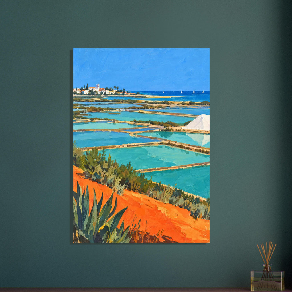 Coastal salt pans with turquoise pools, orange earth, green plants, a white salt mound and a distant village under blue sky.