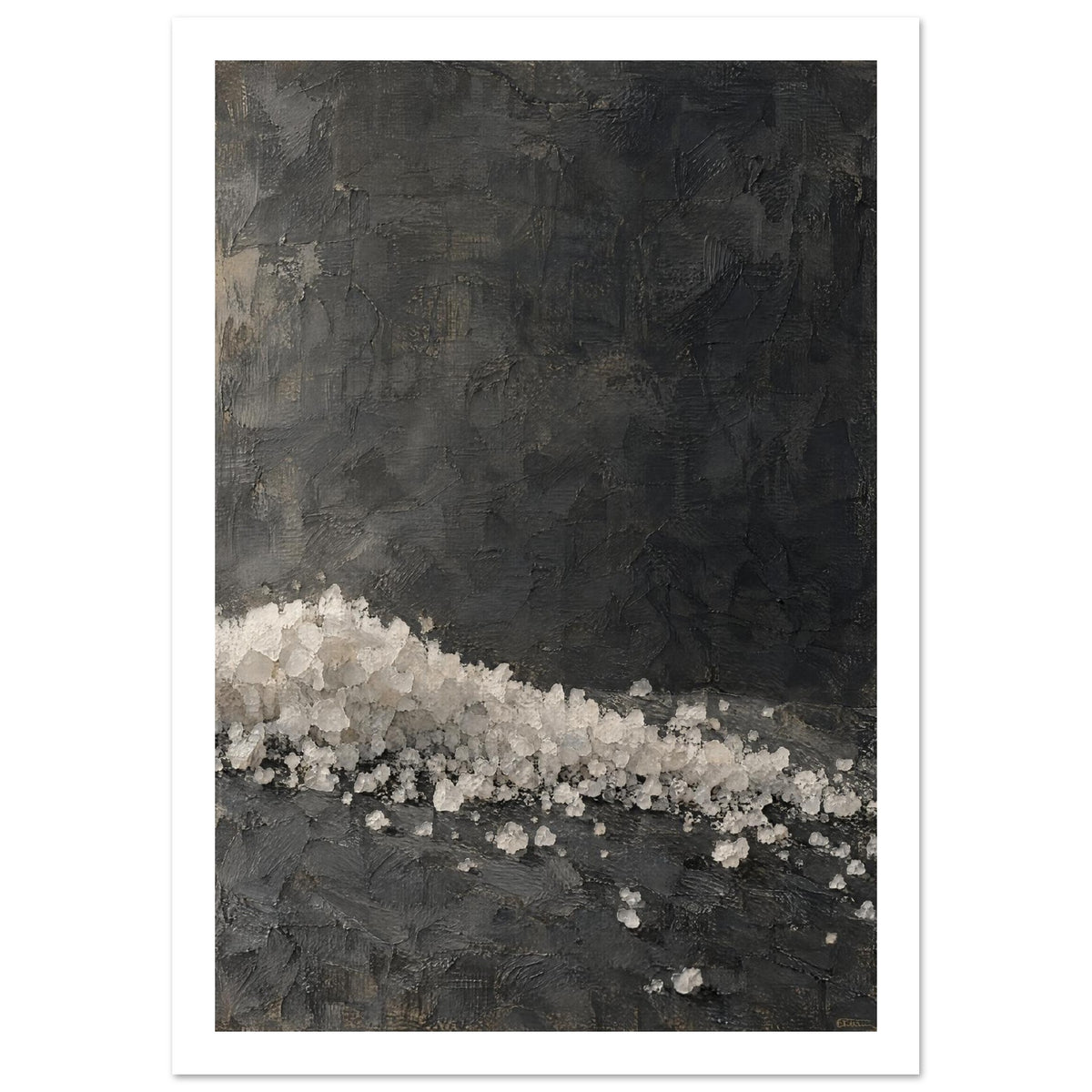 Pale salt crystals scattered across the lower half of a dark charcoal surface with visible painterly texture.